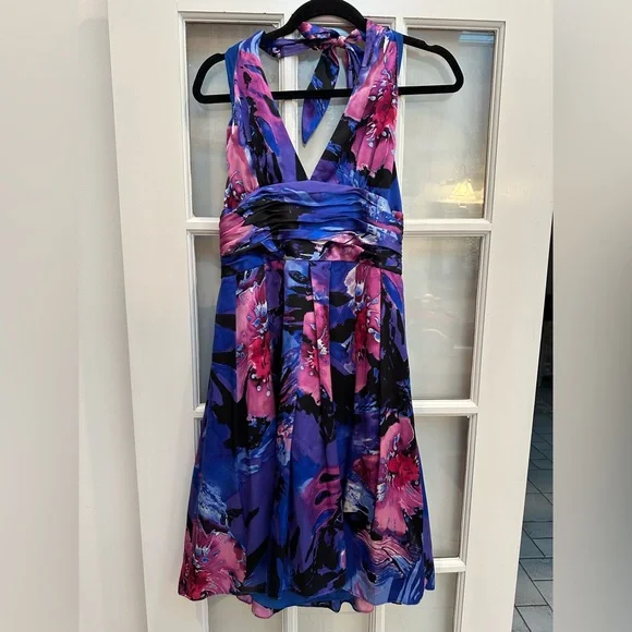 Adrianna Papell Occasions Watercolor Floral Silk Halter Fit Flare Dress Size 12 - Picture 12 of 12